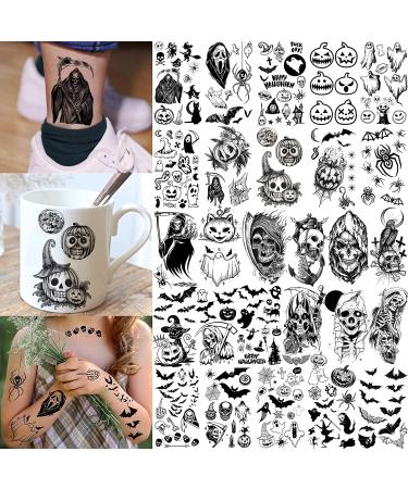 Halloween Temporary Tattoos - 52 Sheets for Kids and Adults | Scary 3D Skull, Skeleton, Ghost, Vampire, Bat, Pumpkin, Spider, Devil Designs - Buy Online on GoSupps.com