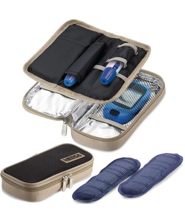 Insulin Cooler Travel Case - Insulated Portable Diabetic Pouch with 2 Gel Ice Packs - Reusable Lightweight & Durable Organizer Bag Cooler for Medications Diabetes Pen and Supplies (Black & Tan)