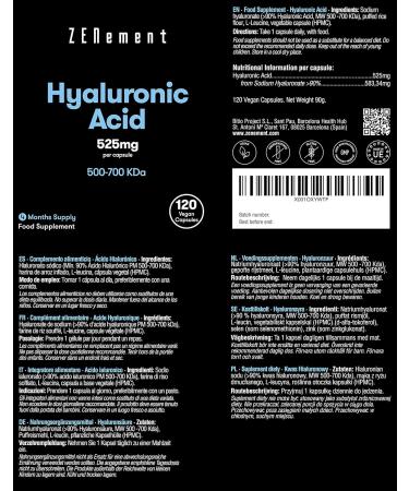 Hyaluronic Acid Supplement 525mg (500-700 KDA) | 120 Vegan Capsules | Skin, Hair, Joint Support | Zenement - Buy Online on GoSupps.com