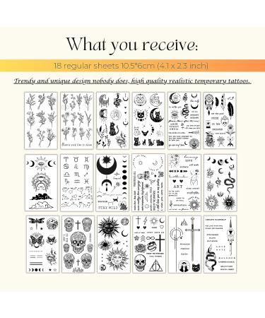 200 Mix & Match Realistic Temporary Tattoos - Minimalistic Designs for Men & Women | Butterfly, Moon, Stars, Inspirational Words, Flower, Skull, Snake | Adult Fake Tattoo Set - Buy Online on GoSupps.com