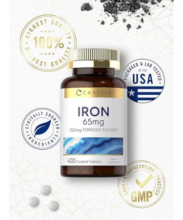Iron Ferrous Sulfate 65 mg 400 Tablets Non-GMO Gluten Free Vegetarian Supplement by Carlyle - Buy Online on GoSupps.com