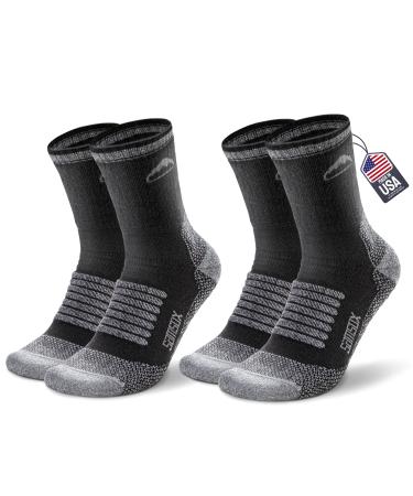 SAMSOX 2 Pack Merino Wool Hiking Socks, Made in USA, Moisture Wicking Micro Crew Cushion Socks for Men & Women Large-X-Large Black/Grey 2-pack