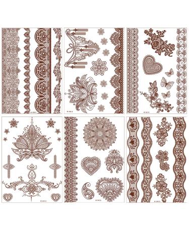 Henna Temporary Tattoos - Brown Waterproof Tattoo Stickers for Women - Ideal for Wedding, Parties & Festivals - 6 Sheets - Buy Online on GoSupps.com