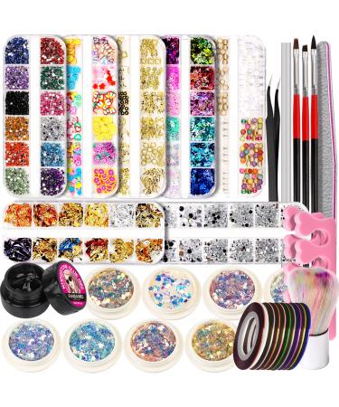 Nail Art Rhinestones kit, FANDAMEI Nail Art Decoration Kit with 8ml Rhinestone Glue Gel, Nail Rhinestones, Rivet, Pearl Gems, Butterfly Glitter, Foil Flakes, Opal Chunky Glitter, Nail Art Brush Tools