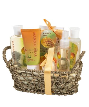 Home Spa Bath Basket Mango Pear Bath & Body Essential Aromatherapy Set for Women Shower Gel Bubble Bath Body Lotion etc Spray in Woven Antique Basket