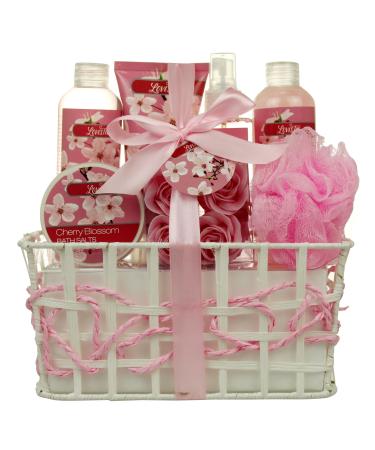 Spa Bath and Body - Spa Gift Baskets for Women & Girls Cherry Fragrance Spa Birthday Gift Includes Loofah Sponge Bath Salt Body Lotion Soap Rose Body Mist Shower Gel Bubble Bath