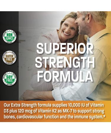 Bronson Vitamin K2 (MK7) & D3 Extra Strength Supplement - 10,000 IU Vitamin D3, 120 mcg Vitamin K2 MK-7 - Bone & Heart Health - Non-GMO Formula - 120 Capsules - Buy Online on GoSupps.com