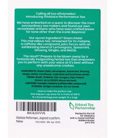 VitaVoice Performance Tea for Throat & Voice Care - Green Mate with Lemongrass, Spearmint, Ginseng, Gingko, Nettle - 15 Luxury Tea Bags - Buy Online on GoSupps.com