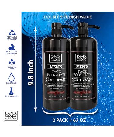 Dead Sea Collection Men's 3-in-1 Body Wash - Sandalwood Scented Shower Gel, Shampoo & Face Wash Combo - 67.6 Fl. Oz (Pack of 2) for Ultimate Freshness and Coolness - Buy Online on GoSupps.com