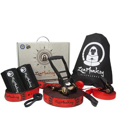ZenMonkey Slackline Kit with Overhead Training Line, Arm Trainer, Tree Protectors, Cloth Carry Bag and Instructions, 60 Foot - Easy Setup for the Family, Kids and Adults