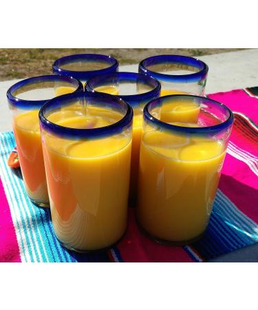 Set of 6 Hand Blown Mexican Drinking Glasses with Cobalt Blue Rims - 14 oz each - Buy Online on GoSupps.com