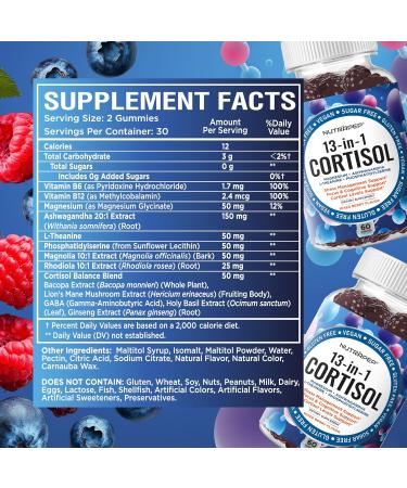 Cortisol Gummies for Women Men - 13-in-1 High Cortisol Reducer with Ashwagandha Magnesium L-theanine Rhodiola Rosea - Daily Cortisol Detox Manager for Stress Focus Support - Vegan Sugar Free 60 Count (Pack of 1) - Buy Online on GoSupps.com