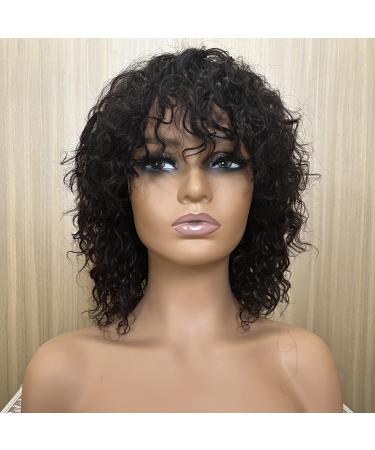 FULEISI 12inch short water wave 100% brazilian virgin human hair glueless wigs with bangs for black women 180 density(natural black color12) natural black 12