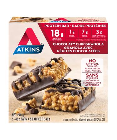 Atkins Protein Bars - Chocolaty Chip Granola Low Sugar Keto Friendly High Protein High Fibre 1g Sugar 3g Carbs 5ct