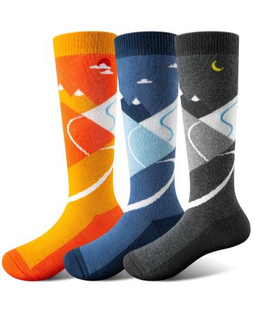 FanNicoo Kids Ski Socks(2 Pairs/3 Pairs) for Girls Boys Warm Soft OTC Non-Slip Cuff for Winter Skiing Outdoor Medium 3 Pack(orange+gray+blue)
