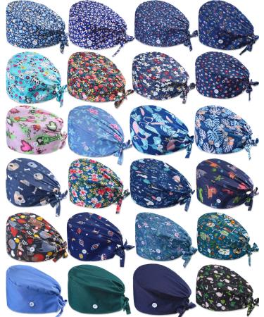24 Pieces Adjustable Working Caps with Buttons Sweatband for Women Men  Nursing Scrub Caps Hats Head Cover Gourd Shaped Tie Back Hats for Doctor Nurse Beauty Salon Caps  Cotton Headwear Printed