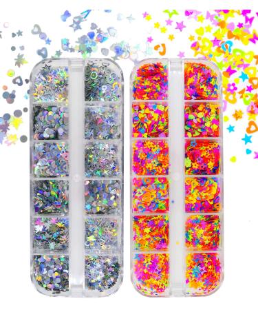 Bellelfin 2 Boxes Chunky Nail Glitter Holographic Mixed Shapes Heart Star Leaves Butterfly Sparkle Nail Sequins Flakes Flakes for Nail Art Decoration and Resin Project Mixed design