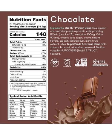OWYN Vegan Protein Powder 20g Plant Based Protein with Probiotics, Superfoods Greens, Pea, Chia seeds, Pumpkin Seed Blend - Chocolate 2 LB | Non-GMO, Gluten-Free, Dairy-Free - Buy Online on GoSupps.com