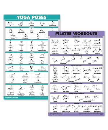 QuickFit 2 Pack - Yoga Poses & Pilates Mat Work Exercise Poster Set - Set of Two LAMINATED 18" x 24"