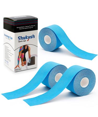 Shukash Kinesiology Tape 19.7ft Uncut Per Roll Elastic Therapuetic Sports Tape Muscle Support Tape for Sports Injuries & Recovery Sports Strapping Tape Waterproof Athletic Tape Physio Tape 3 Roll Blue