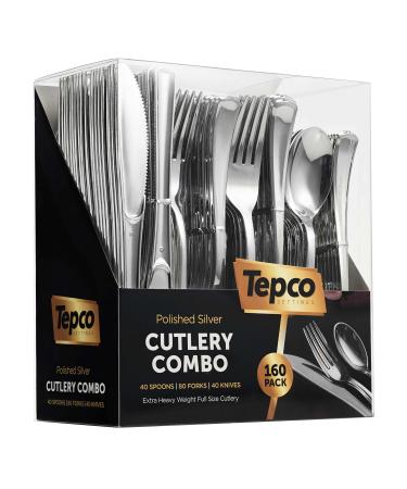 Plastic Silverware Set- Silver Flatware Set- Heavy Duty Cutlery Set - Bulk Combo Value Pack 160 count 40 Knives 80 Forks 40 Spoons Party Supplies - Tepco Settings