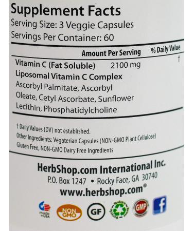 Liposomal Vitamin C 2100mg 180 Veggie Capsules | Fast Absorption, Non-GMO Antioxidant Immune Support - HerbShop - Buy Online on GoSupps.com