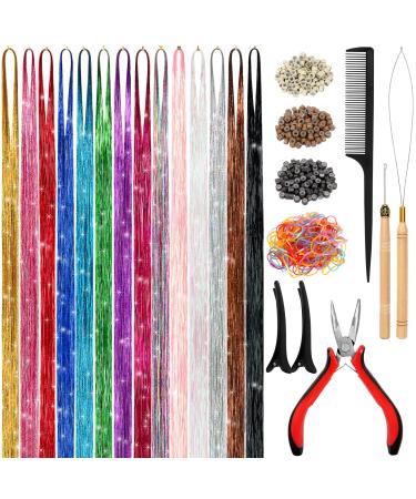 Hair Tinsel Kit (48 Inch,14 Colors, 3200 strands), Tinsel Hair Extensions with Tools, Heat Resistant Fairy Hair Tinsel Kit for Women Girls Hair Accessories