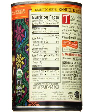 Amy's Organic Light in Sodium Black Refried Beans - 15.4 oz (Pack of 6) - Vegetarian & Delicious - Buy Online on GoSupps.com