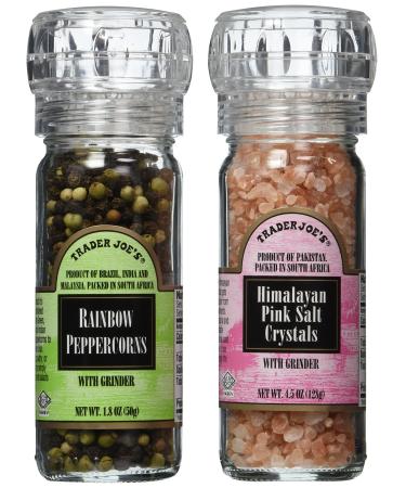 Trader Joe's Gourmet Set with Grinder Tops: Rainbow Peppercorns/Pink Himalayan Salt Crystals