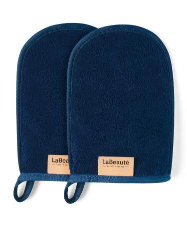 LaBeaut Makeup Remover Glove (2 pieces) Facial Cleaning Cloth Spa Microfiber Wash Mitt Washable and Reusable (20x13 cm navy-blue)