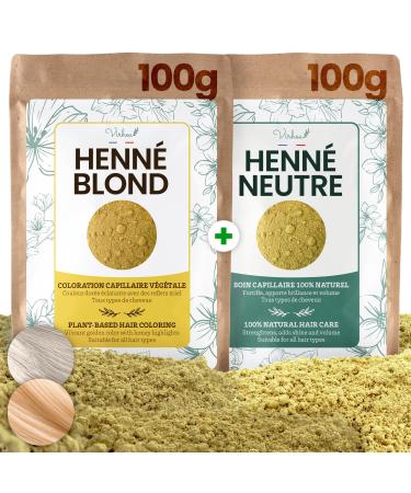 Henn Blond Naturel 100g + Henn Neutre Bio 100g - Kit Coloration V g tale Cheveux Blonds + Soin Capillaire Volume Brillance - Masque Naturel Anti-Pellicules Anti-Poux - Cheveux Secs