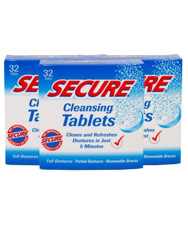 Secure Cleansing Tablets Zinc Free PH Formula Removes Odors Stains Bacteria Germs - Clean Dentures Partials & Removable Braces - 32 Tablets (Pack of 3)