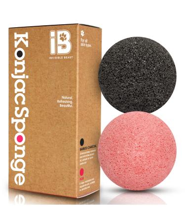 Invisible Beast Natural Konjac Facial Sponge for Acne-Prone  Oily  Dry  Sensitive or Delicate Skin  Organic Gentle Exfoliating Skincare Tool  Buff & Soften Skin  Activated Charcoal and Rose 2pc Set