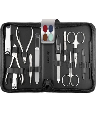marQus Nail Kit for Men and Women - Manicure Set 12 pcs - German Made Nail Kit - Grooming Set - Black Nappa Leather Case with exclusive Glass Nail File - Manicure Set made in Germany