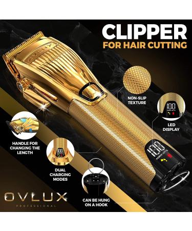 OVLUX Professional Hair Clippers for Men - Cordless Beard Grooming Kit with Clipper Guards | Full-Metal Body, Charging Base | Ideal for Barbers | Gifts for Men - Gold - Buy Online on GoSupps.com