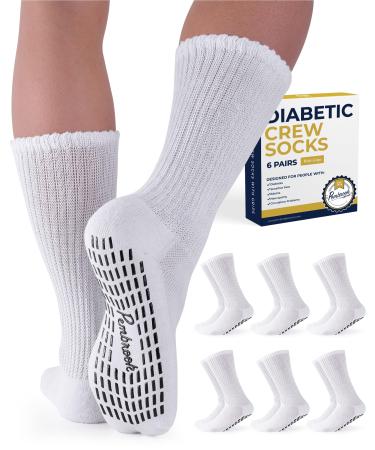Diabetic Socks with Grips for Women & Men | Non Binding Edema Neuropathy Socks | 6-pairs Large All Solid White - 6 Pairs