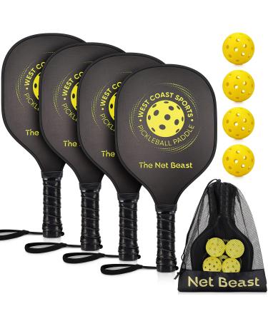 Net Beast Wood Pickleball Paddles 4 Pack - Wooden Pickleball Set with Carry Bag and 4 High Performance Balls, 7-ply Basswood, Pickleball Rackets Ergonomic Cushion Grip, Racquette Set of 4 Black Wood