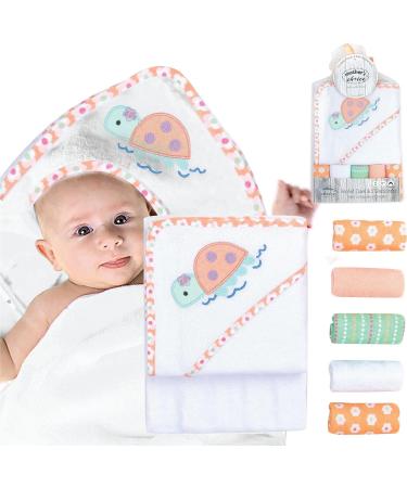 Mother's Choice Hooded Baby Towel Set with 5 Face Cloths | Lightweight Cotton Rich Absorbent | Large 75x75cm Baby Bath Towel for Newborn Boys and Girls | Turtle Design - Buy Online on GoSupps.com