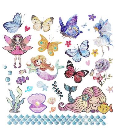 Glitter Temporary Tattoos for Kids RENUIS 20 Sheets Mermaid Butterfly Fairy Flowers Fake Tattoo Stickers for Girls Waterproof Temporary Tattoos Stickers for Party Favors Goodie Bag Stuffers Party Gift Bags for Kids Birth...