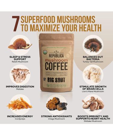 La Republica Big Shot Organic Mushroom Coffee - 120 Servings | 7 Superfood Mushrooms | Lion's Mane, Reishi, Chaga, Cordyceps, and More | Caffeinated Instant Mushroom Powder - 8.48 Ounce Pack - Buy Online on GoSupps.com