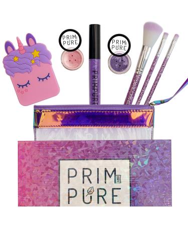Prim and Pure Mineral Gift Set with Unicorn Mirror| Perfect for Play Dates & Birthday Parties | Kids Eyeshadow Makeup – Mineral Blush | Organic & Natural Makeup Kit for Kids| Made in USA (Purple)