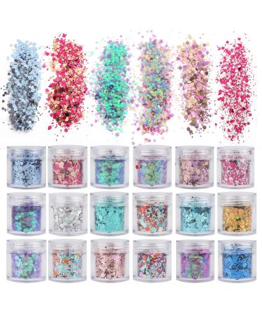 18 Boxes Holographic Cosmetic Festival Chunky Glitters Sequins, Nail Sequins Iridescent Flakes, Cosmetic Paillette Ultra-Thin Tips, for Body Face Hair Make Up Nail Art Mixed Color Glitter