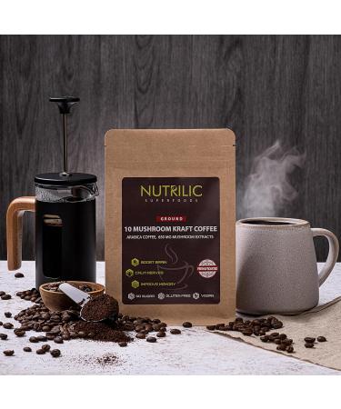 Nutrilic 10 Mushroom Ground Coffee Arabica Blend with Lions Mane Chaga Reishi Shiitake Cordyceps Ginseng Tremella Golden Mushroom and Maitake - Buy Online on GoSupps.com