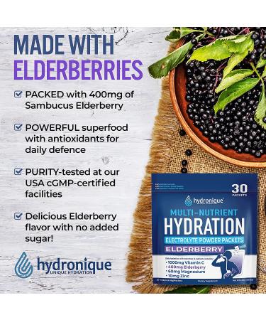 Hydronique Elderberry Hydration Packets | Sugar Free Electrolytes Powder | Travel Rehydration Immunity | Vitamins & Minerals | 30 Packets - Buy Online on GoSupps.com