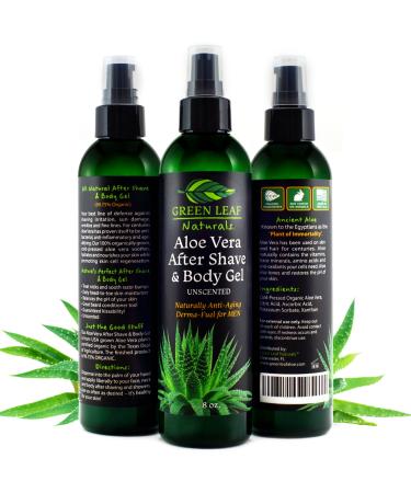 Green Leaf Naturals Aloe Vera After Shave & Body Gel | 99.75% Organic | Natural Anti-Aging Formula to Hydrate  Soothe & Repair Dry Skin  Irritation  Redness & Prevents Razor Burn - 8oz