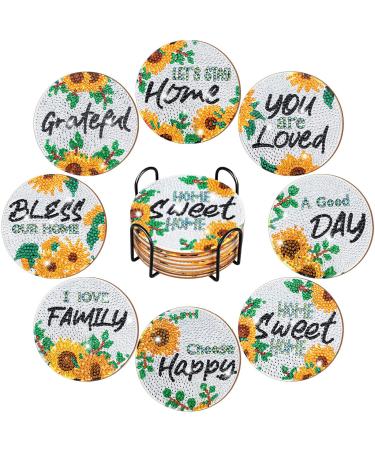8 Pcs Diamond Coasters Farmhouse Diamond Painting Coasters with Holder DIY Inspirational Coasters Rustic Absorbent Coasters for Drinks 4 Inch Diamond Painting Kit Outdoor Coasters (Sunflowers)