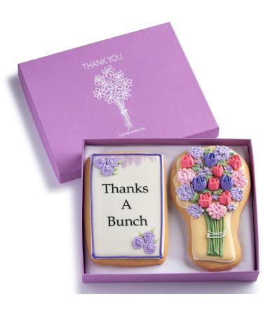 Gourmet Floral Thank you Cookie Gift Basket | 2 Large 2.5 x 4.5 in Vanilla Sugar Cookies Hand-Decorated Snack Variety Pack | Kosher Bakery Care Package For Women, Men Boys & Girls | Prime Delivery Flower