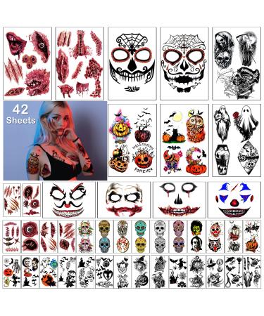 42 Sheets 3D Halloween Face Temporary Tattoo for Men and Women  Skeleton Witch Ghost Pumpkin Lantern Bat Eagle Jack Civet Cat Waterproof Tattoo Stickers for Kids on Foot Neck Hand