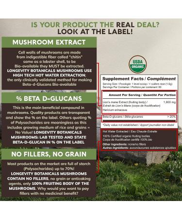 Longevity Botanicals Organic Lions Mane Mushroom Powder - 100% Fruiting Body Supplement for Mental Clarity & Memory - 100g - Buy Online on GoSupps.com