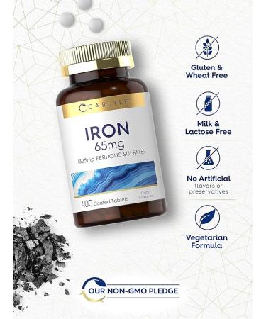 Iron Ferrous Sulfate 65 mg 400 Tablets Non-GMO Gluten Free Vegetarian Supplement by Carlyle - Buy Online on GoSupps.com
